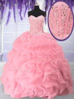 Sweet Pink Lace Up Quinceanera Dress Beading and Ruffles Sleeveless Floor Length