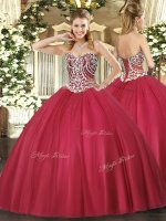 Artistic Floor Length Red Sweet 16 Quinceanera Dress Tulle Sleeveless Beading