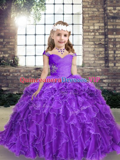 Luxurious Purple Sleeveless Floor Length Beading and Ruffles Lace Up Child Pageant Dress - Click Image to Close
