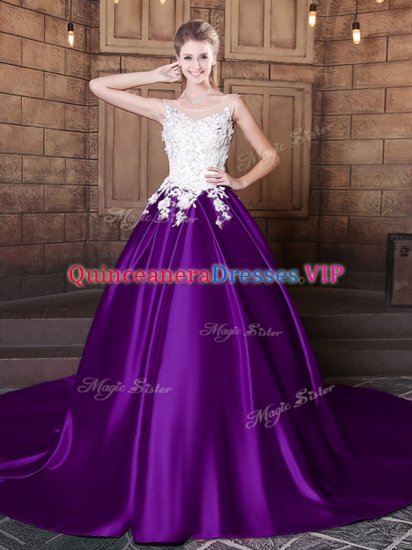 Extravagant Scoop Purple Elastic Woven Satin Lace Up Ball Gown Prom Dress Sleeveless Court Train Lace and Appliques - Click Image to Close