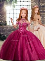 Fuchsia High-neck Neckline Beading Little Girls Pageant Gowns Sleeveless Lace Up