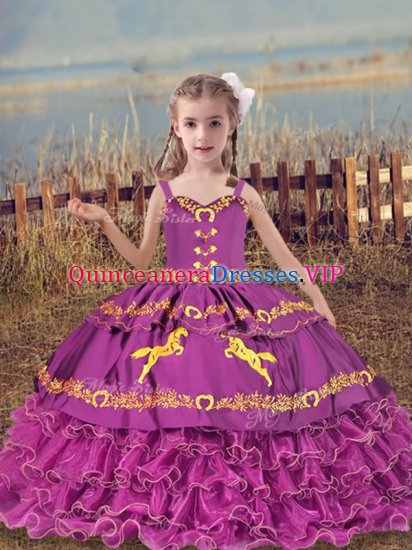 Cute Fuchsia Ball Gowns Straps Sleeveless Organza Floor Length Lace Up Beading and Embroidery and Ruffled Layers Little Girls Pageant Dress Wholesale - Click Image to Close