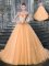 Straps Sleeveless Tulle With Brush Train Lace Up Sweet 16 Quinceanera Dress in Orange with Beading and Appliques
