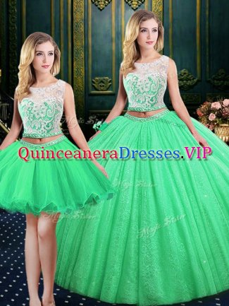 Sumptuous Three Piece Sequins Scoop Sleeveless Lace Up Quinceanera Gowns Tulle and Sequined