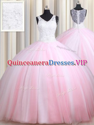 Straps Floor Length Ball Gowns Sleeveless Pink And White Vestidos de Quinceanera Zipper