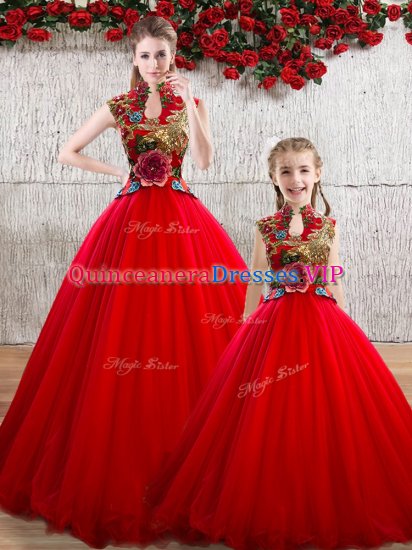 Adorable High-neck Sleeveless Organza Ball Gown Prom Dress Appliques Lace Up - Click Image to Close