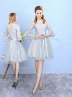 Perfect Lace Dama Dress for Quinceanera Silver Lace Up Half Sleeves With Train
