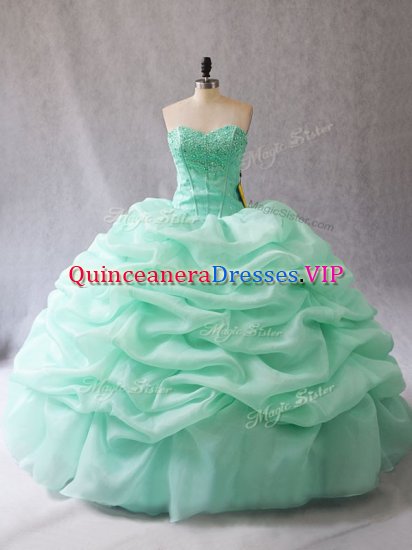Apple Green Organza Lace Up Sweetheart Sleeveless Floor Length Quinceanera Dresses Beading and Pick Ups - Click Image to Close