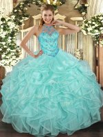 Colorful Apple Green Organza Lace Up Halter Top Sleeveless Floor Length Ball Gown Prom Dress Beading and Ruffles(SKU SJQDDT1281002-3BIZ)