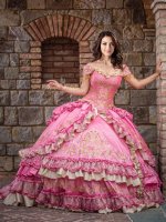Wonderful Off the Shoulder Rose Pink Sleeveless Beading and Embroidery and Ruffled Layers Floor Length Quinceanera Gowns