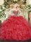 Custom Design Coral Red Sleeveless Organza Lace Up Sweet 16 Quinceanera Dress for Military Ball and Sweet 16 and Quinceanera
