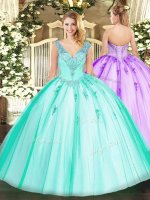 Turquoise Lace Up V-neck Beading Quinceanera Dresses Organza and Tulle Sleeveless