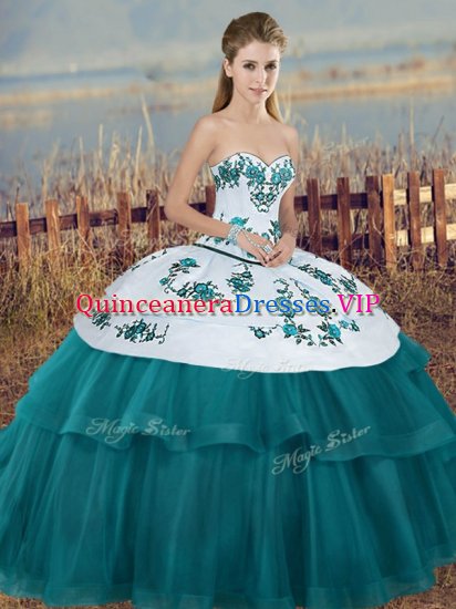 Teal Lace Up Sweet 16 Dress Embroidery and Bowknot Sleeveless Floor Length - Click Image to Close