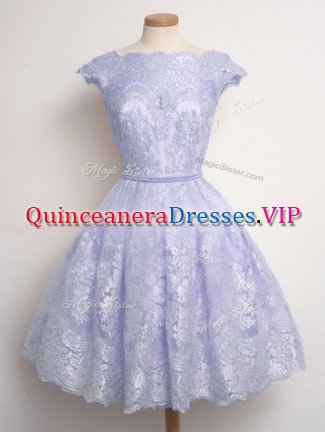 Lavender Lace Lace Up Scalloped Cap Sleeves Knee Length Quinceanera Dama Dress Lace