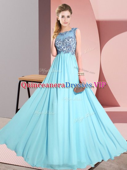 Floor Length Backless Vestidos de Damas Aqua Blue for Wedding Party with Beading and Appliques - Click Image to Close