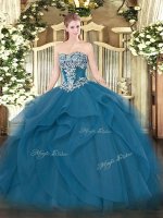 Teal Ball Gowns Strapless Sleeveless Tulle Floor Length Lace Up Beading and Ruffles Sweet 16 Dresses(SKU SJQDDT1454002-3BIZ)