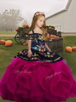 Hot Selling Floor Length Lace Up Little Girls Pageant Gowns Fuchsia for Party and Wedding Party with Embroidery and Ruffles