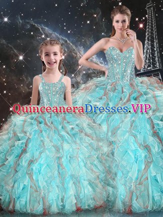 Aqua Blue Ball Gowns Organza Sweetheart Sleeveless Beading and Ruffles Floor Length Lace Up Sweet 16 Quinceanera Dress