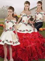 Organza Off The Shoulder Sleeveless Lace Up Embroidery and Ruffles Vestidos de Quinceanera in White And Red(SKU SJQDDT2145007BIZ)