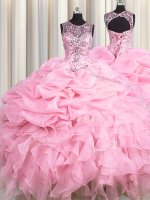 Ideal See Through Scoop Sleeveless Lace Up Quinceanera Gown Baby Pink Organza