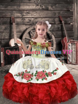 Floor Length White And Red Evening Gowns Organza Sleeveless Beading and Embroidery and Ruffles