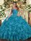 Teal Sleeveless Organza Lace Up 15th Birthday Dress for Military Ball and Sweet 16 and Quinceanera