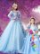 Baby Blue A-line Organza V-neck Long Sleeves Beading and Hand Made Flower With Train Lace Up Quinceanera Gowns Sweep Train