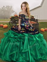 Green Off The Shoulder Neckline Embroidery and Ruffles Quinceanera Gowns Sleeveless Lace Up