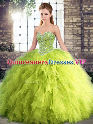 Clearance Yellow Green Vestidos de Quinceanera Military Ball and Sweet 16 and Quinceanera with Beading and Ruffles Sweetheart Sleeveless Lace Up