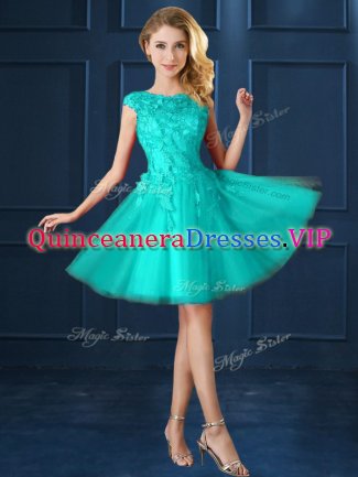 Exquisite Turquoise A-line Lace and Belt Quinceanera Court Dresses Lace Up Tulle Cap Sleeves Knee Length