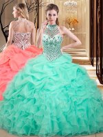Sophisticated Halter Top Apple Green Sleeveless Floor Length Beading and Ruffles and Pick Ups Lace Up Sweet 16 Dresses