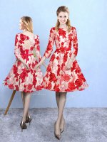 Elegant Knee Length Red Dama Dress for Quinceanera Scoop 3 4 Length Sleeve Lace Up