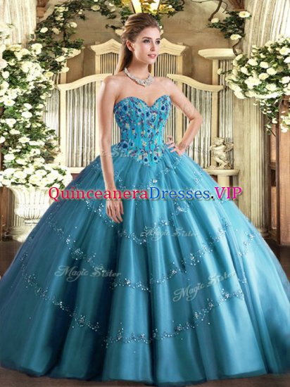 High Class Sweetheart Sleeveless Tulle Quinceanera Dress Appliques and Embroidery Lace Up - Click Image to Close
