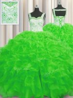 Fancy Quinceanera Gown Military Ball and Sweet 16 and Quinceanera with Beading and Ruffles Straps Sleeveless Lace Up
