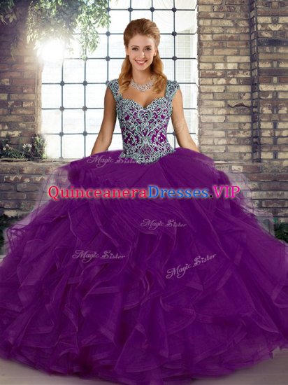 Purple Straps Neckline Beading and Ruffles Sweet 16 Dress Sleeveless Lace Up - Click Image to Close