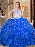 Custom Made Royal Blue Sleeveless Floor Length Embroidery and Ruffles Lace Up Quince Ball Gowns