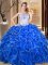 Custom Made Royal Blue Sleeveless Floor Length Embroidery and Ruffles Lace Up Quince Ball Gowns