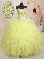 Dramatic Light Yellow Sleeveless Beading and Ruffles Floor Length Quince Ball Gowns
