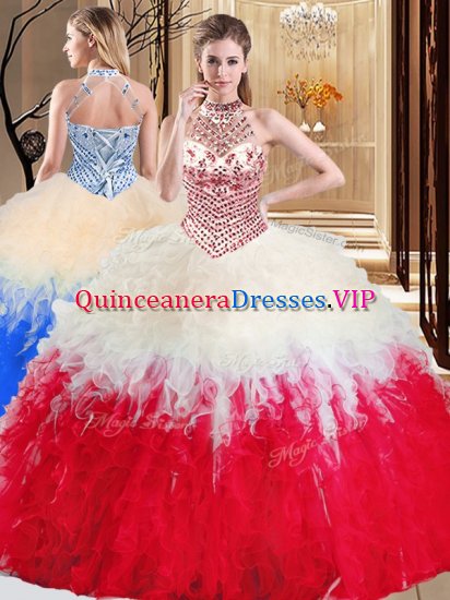 Halter Top Tulle Sleeveless Floor Length 15th Birthday Dress and Beading and Ruffles - Click Image to Close