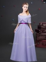 Nice Off the Shoulder Lavender Chiffon Zipper Quinceanera Court of Honor Dress Half Sleeves Floor Length Ruching and Belt