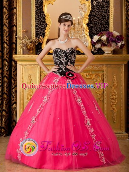 Southport Carolina/NC Brand New Hot Pink and Black Quinceanera Dress With Sweetheart Neckline and Hand Made Flower Decorate Tulle Skirt - Click Image to Close