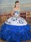 Blue And White Organza Lace Up Vestidos de Quinceanera Sleeveless Floor Length Embroidery and Ruffles and Bowknot