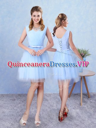 Admirable Aqua Blue Vestidos de Damas Prom and Party with Ruching V-neck Sleeveless Lace Up