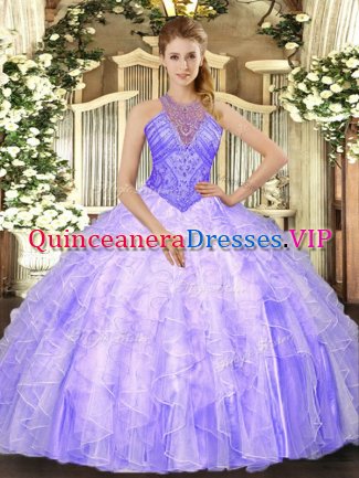 Enchanting High-neck Sleeveless Quince Ball Gowns Floor Length Beading and Ruffles Lavender Organza