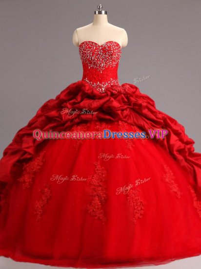 Artistic Red Ball Gowns Taffeta and Tulle Sweetheart Sleeveless Beading and Appliques and Pick Ups Lace Up Sweet 16 Quinceanera Dress Court Train - Click Image to Close