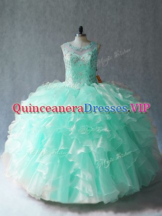 Modern Apple Green Organza Lace Up Sweet 16 Dresses Sleeveless Floor Length Beading and Ruffles