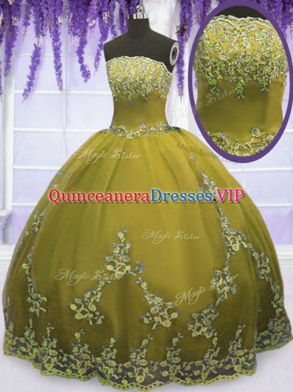Customized Floor Length Olive Green Quinceanera Dress Tulle Sleeveless Appliques - Click Image to Close