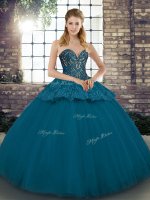 Charming Blue Ball Gowns Beading and Appliques Quinceanera Gowns Lace Up Tulle Sleeveless Floor Length