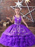 Adorable Lavender Lace Up Pageant Dress Embroidery and Ruffled Layers Sleeveless Floor Length