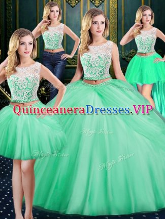 Vintage Four Piece Scoop Floor Length Zipper Sweet 16 Dresses Apple Green for Military Ball and Sweet 16 and Quinceanera with Lace and Pick Ups